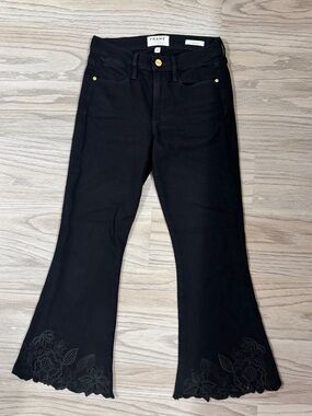 FRAME Le High Flare Black Jeans Floral Lace Hem Boho Y2K Size 24